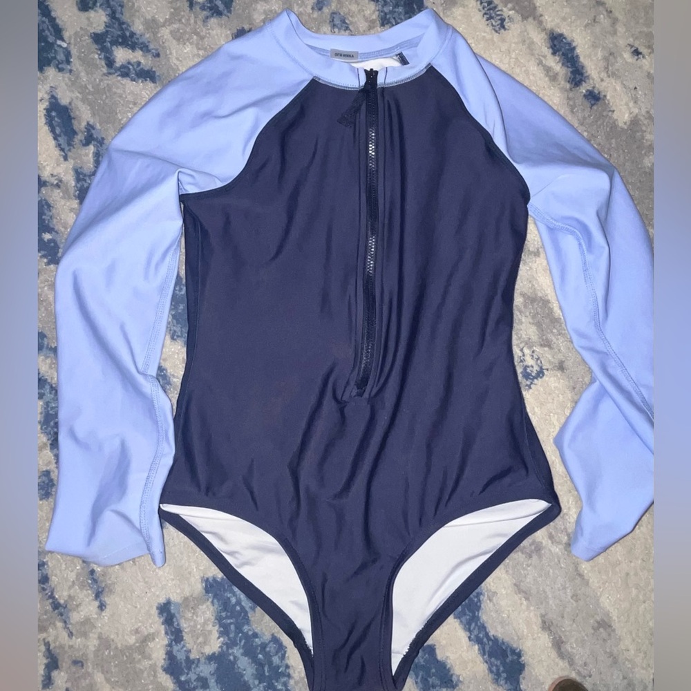 Old Navy GIRLS Blue bathing suit long sleeve zip up suit One Piece L 10-12 swim